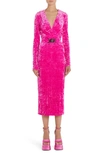 Versace Hooded Long Sleeve Deep V-neck Crushed Velvet Midi Dress In Pink