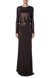 AKRIS BELTED LONG SLEEVE LIQUID JERSEY GOWN