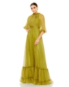 Mac Duggal Chiffon Ruched Illusion Raglan Sleeve Ruffled Gown In Olive