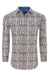 Tom Baine Abstract Print Long Sleeve Slim Fit 4-way Stretch Shirt In Blue