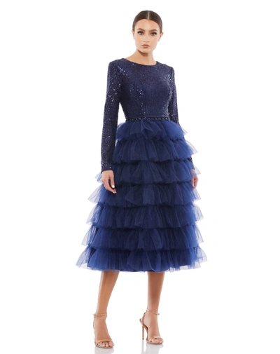 Ieena For Mac Duggal Black Sequined Layered Tulle A-line Cocktail Dress In Midnight