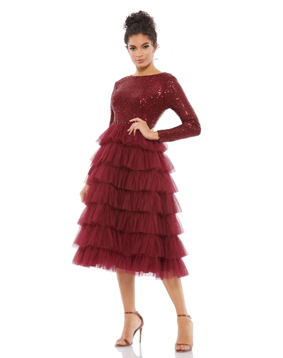 Ieena For Mac Duggal Black Sequined Layered Tulle A-line Cocktail Dress In Wine