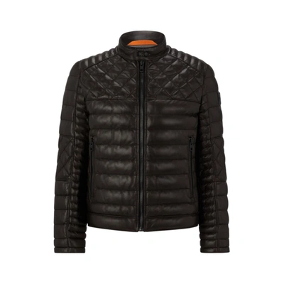 Hugo Boss Nappa Leather Jacket With Stand Collar In Dark Brown