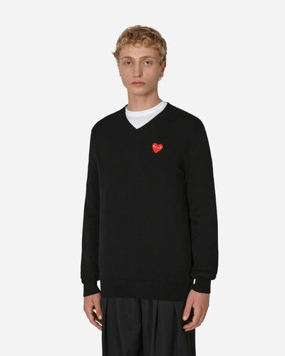 Comme Des Garçons Play Heart V-neck Sweater Black In White