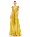Mac Duggal Pleated Ruffled Cap Sleeve Cut Out Lace Up Gown In Chartreuse