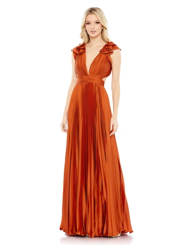Ieena For Mac Duggal Pleated Ruffled Cap Sleeve Cut Out Lace Up Gown In Burnt Orange