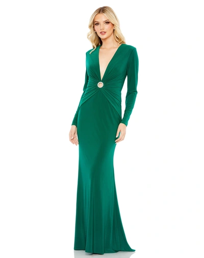Ieena For Mac Duggal Gathered Pearl Long Sleeve Keyhole Gown In Emerald