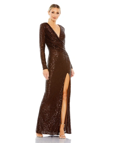 Ieena For Mac Duggal Sequined Long Sleeve Faux Wrap Ruched Gown In Chocolate