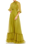 Mac Duggal Chiffon Ruched Illusion Raglan Sleeve Ruffled Gown In Olive