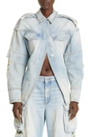 Attico Ripped Cotton Denim Jacket W/ Pockets In Light Blue Denim