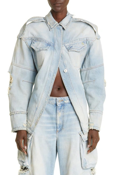 Attico Ripped Cotton Denim Jacket W/ Pockets In Blue