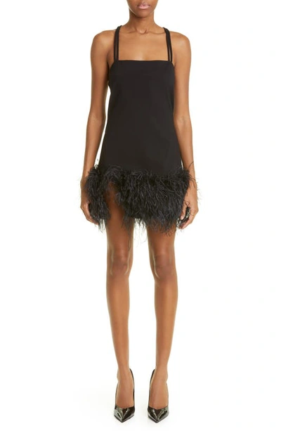 Attico Fujiko Feather-trim Side-slit Strappy Mini Dress In Black