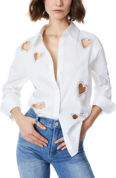 Alice And Olivia Crystal Heart Cutout Detail Cotton Blend Button-up Shirt In Ecru
