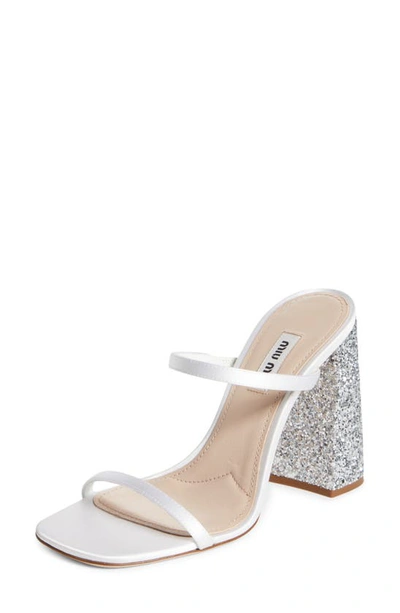Miu Miu Forma Raso Glitter Slide Sandals In Bianco Argento