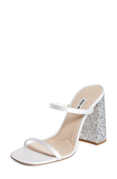 Miu Miu Forma Raso Glitter Slide Sandals In Bianco