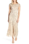 Pisarro Nights Beaded Mesh Column Gown In Blush