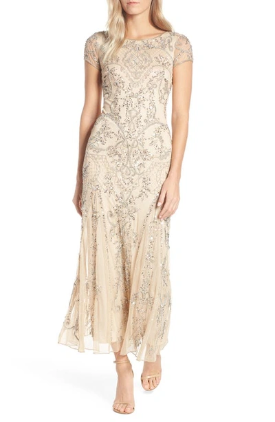 Pisarro Nights Beaded Mesh Column Gown In Champagne