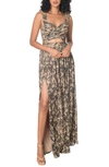 Dress The Population Women's Mirabella Floral Crossover Cut-out Gown In Black Multi/ Tan