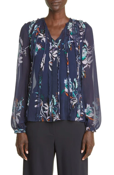 Jason Wu Collection Floral Ruffle Chiffon Blouse In Navy Lilac Multi