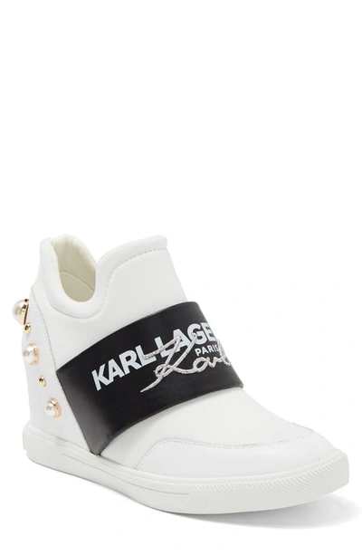 Karl Lagerfeld Charsi Wedge Trainer In Bright White/ Black