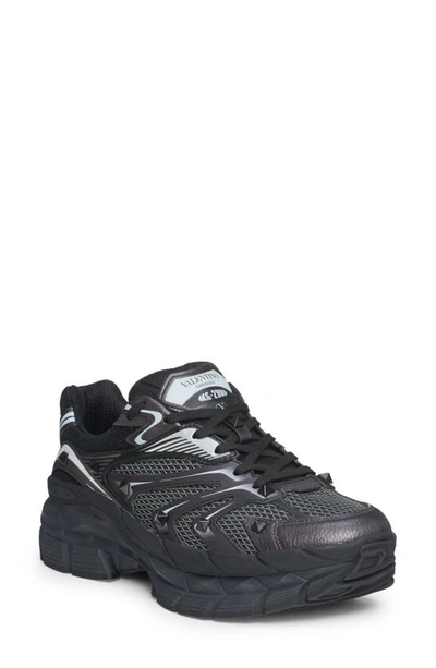 Valentino Garavani Leather Sneakers With Textured Rubber Elements In Black