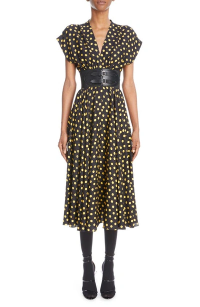 Alaa Belted Polka Dot Silk Crepe Midi Dress In Nero | ModeSens