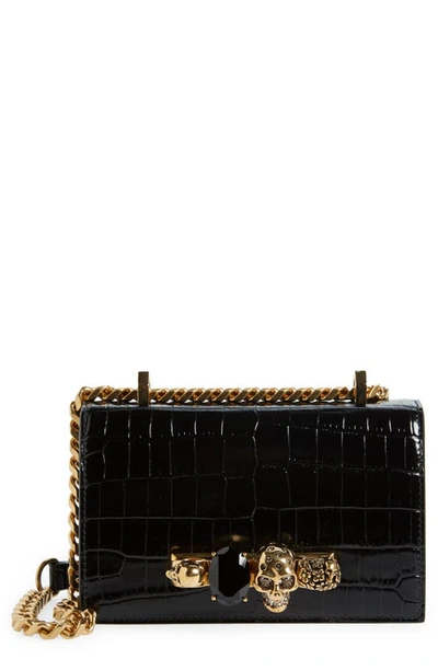 Alexander Mcqueen Mini Jeweled Croc Embossed Shoulder Bag In Black