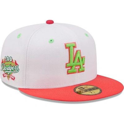 New Era Men's  White, Coral Los Angeles Dodgers 100th Anniversary Strawberry Lolli 59fifty Fitted Hat In White,coral