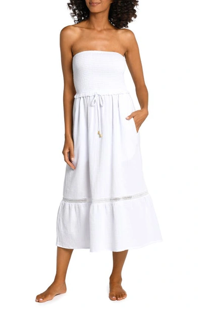 La Blanca Seaside Strapless Cotton Gauze Midi Dress In White