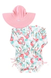 RUFFLEBUTTS VIBRANT FLAMINGO ONE-PIECE RASHGUARD SWIMSUIT & HAT SET