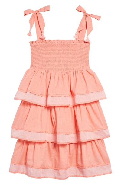 Zimmermann Kids' Tiggy Tie Shoulder Shirred Tiered Cotton Dress In Peach