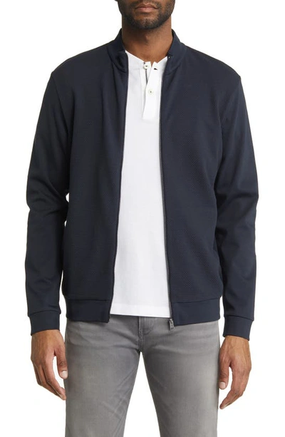 Hugo Boss Skiles Cotton Knit Zip-up Jacket In Dark Blue