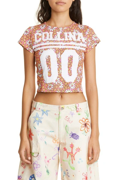 Collina Strada Logo Floral Print Cotton T-shirt In Pink