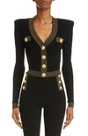 Balmain Cropped Knit Cardigan With Gold Trim In Black/ Gold