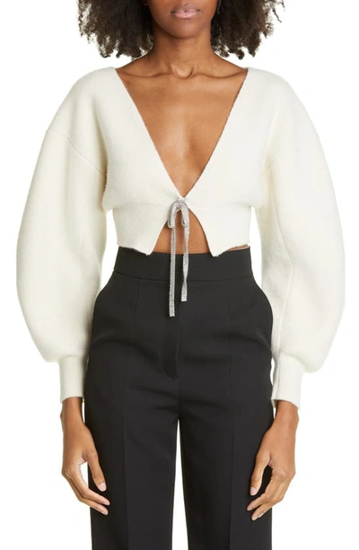Alexander Wang Crystal Embellished Tie Wool Blend Knit Cropped Cardigan In Neutral