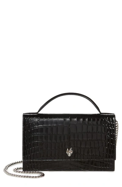 Alexander Mcqueen Crocodile-effect Patent Leather Shoulder Bag In Black