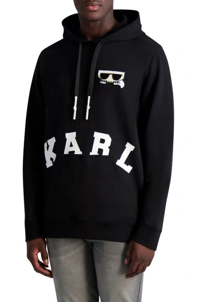 Karl Lagerfeld Men's Slim-fit Chenille Patch Flathead Logo Hoodie In Black