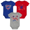 Outerstuff Infant Boys And Girls Royal, Red, Gray Chicago Cubs Batter Up 3-pack Bodysuit Set In Royal