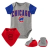 OUTERSTUFF NEWBORN & INFANT HEATHERED grey CHICAGO CUBS THREE-PIECE BODYSUIT BIB & BOOTIE SET