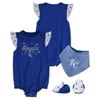 Outerstuff Girls Newborn And Infant Royal Kansas City Royals 3-piece Home Plate Bodysuit Bib And Booties Set In Royal