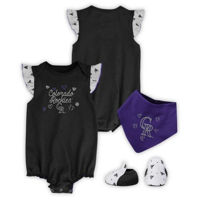 Outerstuff Babies' Girls Newborn And Infant Black Colorado Rockies 3-piece Home Plate Bodysuit Bib And Booties Set