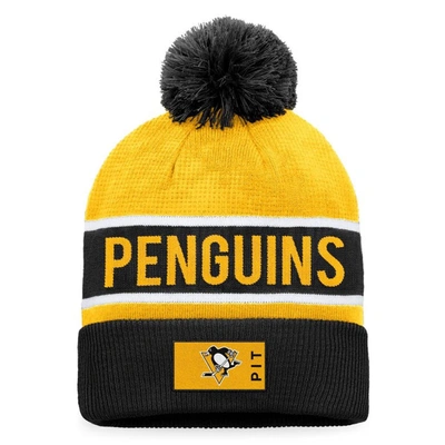 Fanatics Branded Black/gold Pittsburgh Penguins Authentic Pro Rink Cuffed Knit Hat With Pom