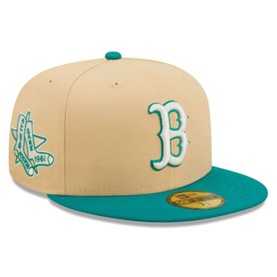 New Era Men's  Natural, Teal Boston Red Sox Mango Forest 59fifty Fitted Hat In Natural,teal