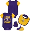 OUTERSTUFF NEWBORN & INFANT PURPLE/GOLD MINNESOTA VIKINGS LITTLE CHAMP THREE-PIECE BODYSUIT BIB & BOOTIES SET