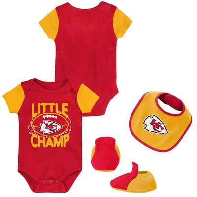 Outerstuff Babies' Newborn And Infant Boys And Girls Red, Gold Kansas City Chiefs Little Champ Three-piece Bodysuit Bib In Red,gold