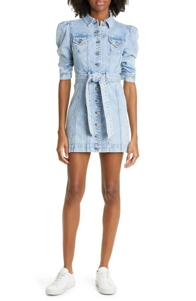 Alice And Olivia ‘magali' Ruched Puff Sleeve Belted Denim Mini Dress In Blue