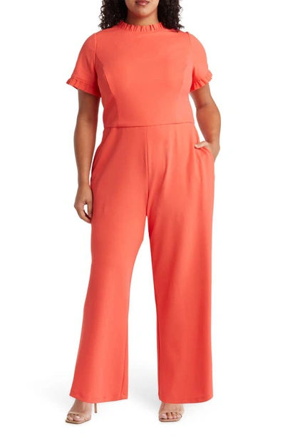 Maggy London Ruffle Neck Jumpsuit In Cayenne Coral