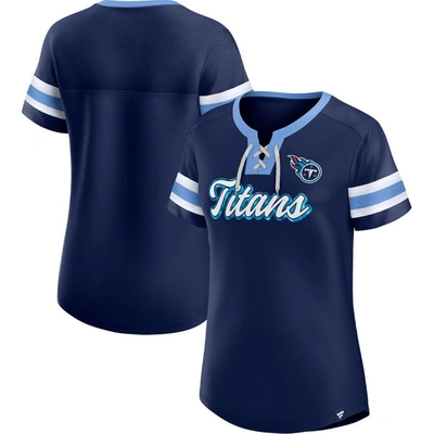 Fanatics Women'sâ Navy Tennessee Titans True Catch Iconic Rhinestone Bling Athena Lace-up T-shirt