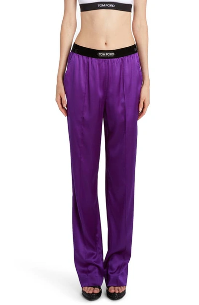 Tom Ford Velvet-trimmed Stretch-silk Satin Pants In Purple
