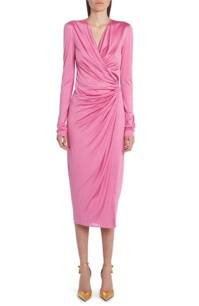 Tom Ford Draped Silk Jersey Corset Midi Wrap Dress In Pink